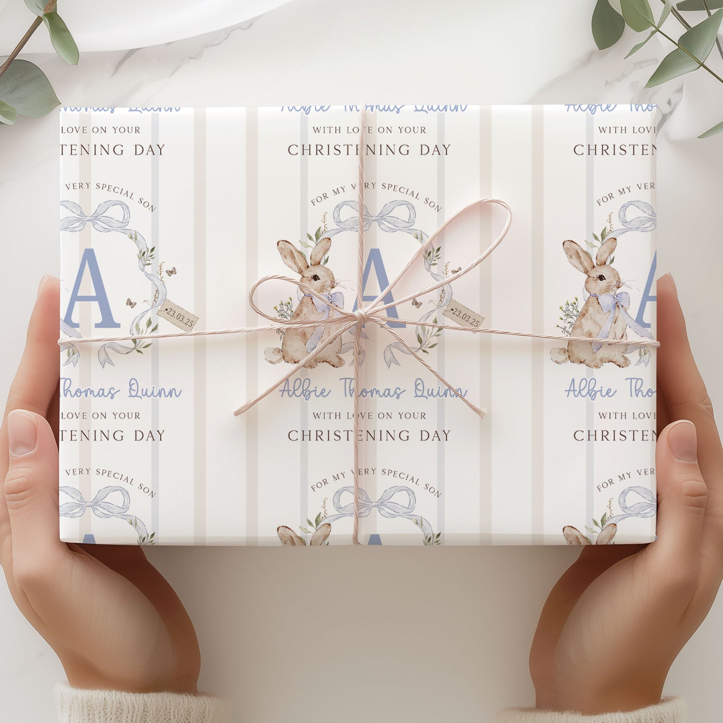 Personalised Blue Bunny Christening Naming Day Wrapping Paper
