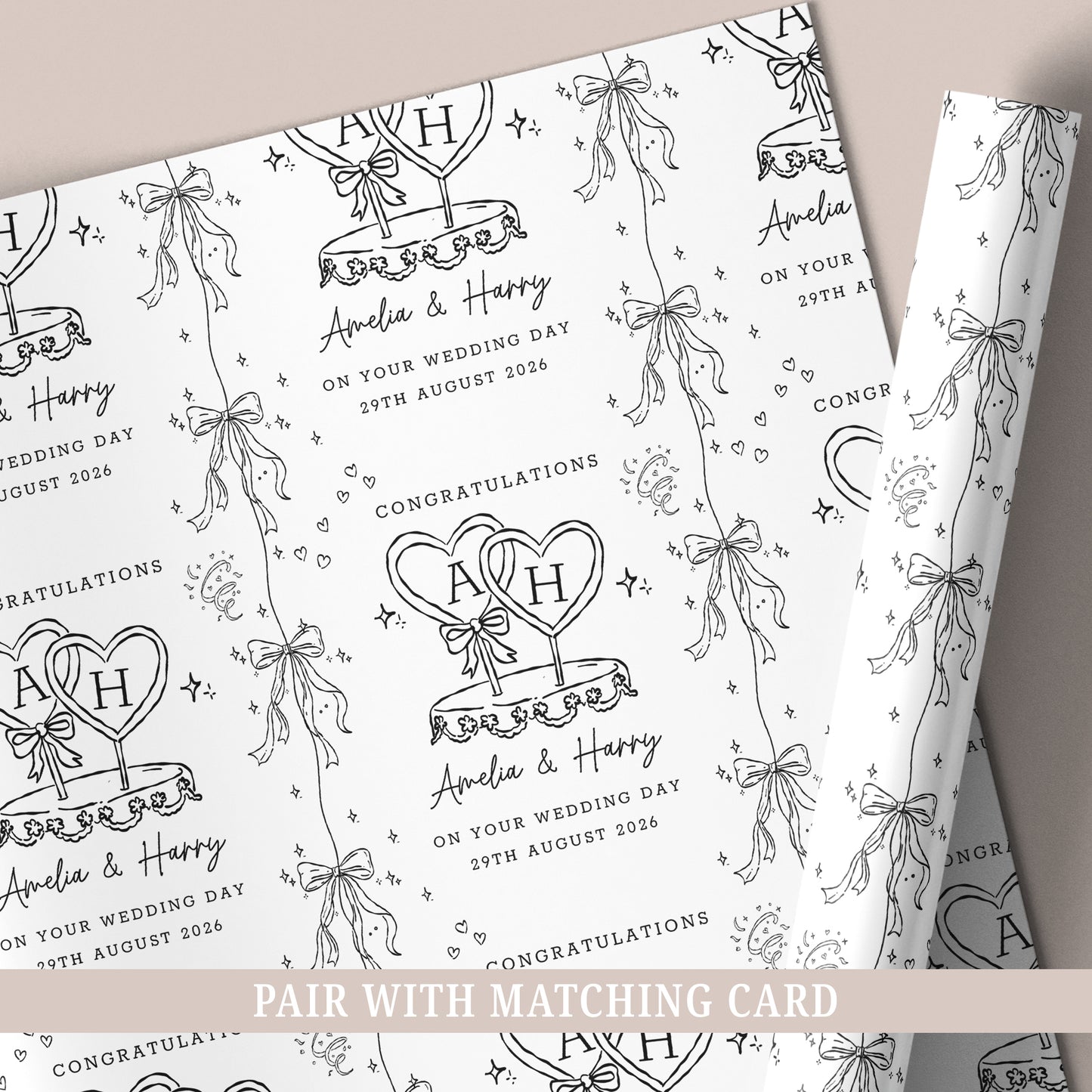 Personalised wedding wrapping paper featuring a black and white wedding cake design, customised with the couple's names and wedding date.