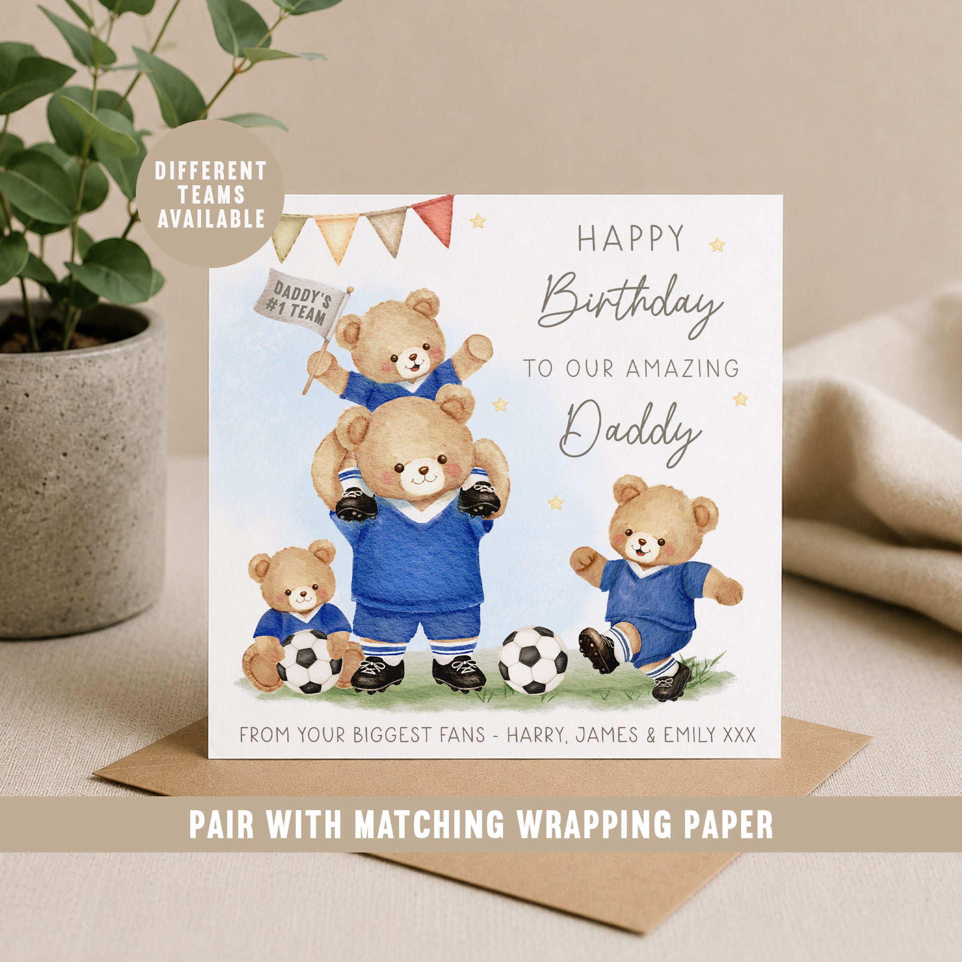 Personalised football birthday card with teddy bear family, football theme and custom names.