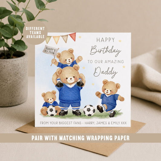 Personalised football birthday card with teddy bear family, football theme and custom names.