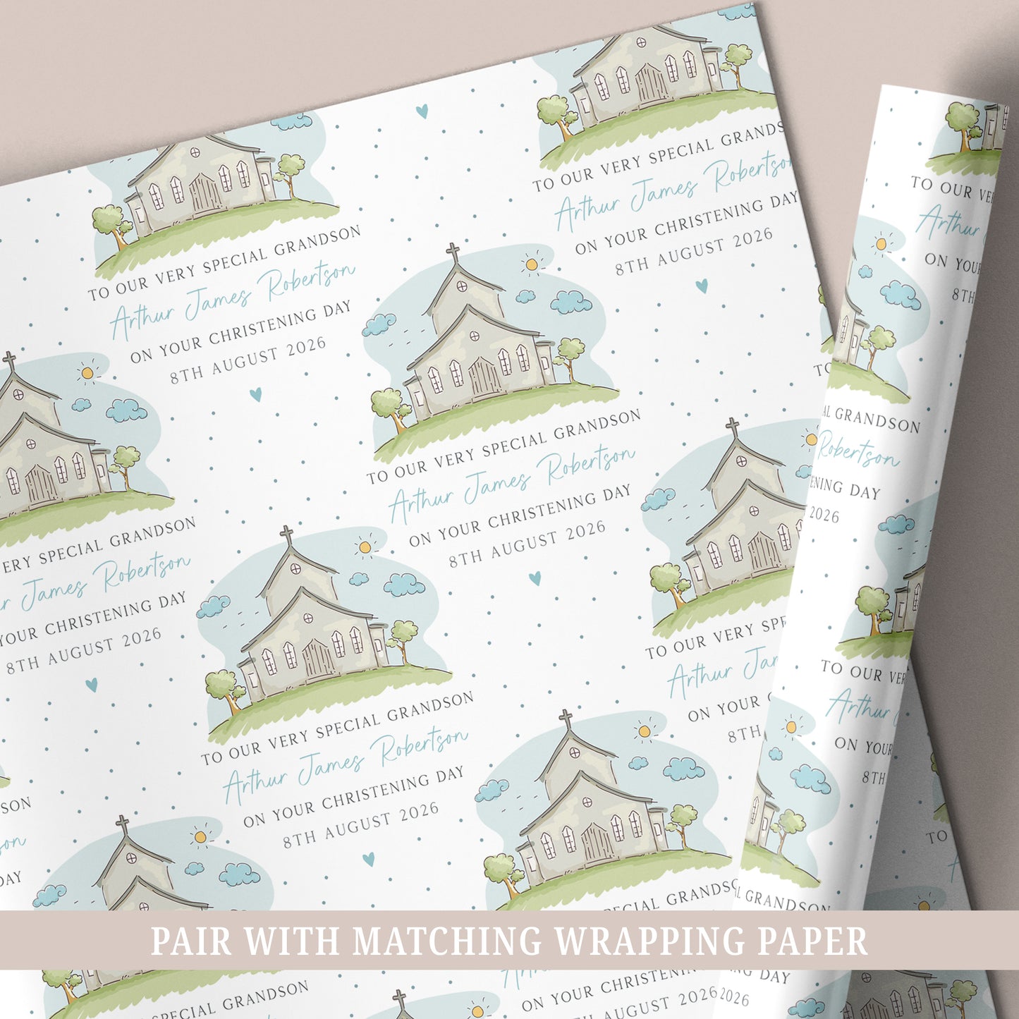 Personalised Blue Church Christening Baptism Day Wrapping Paper