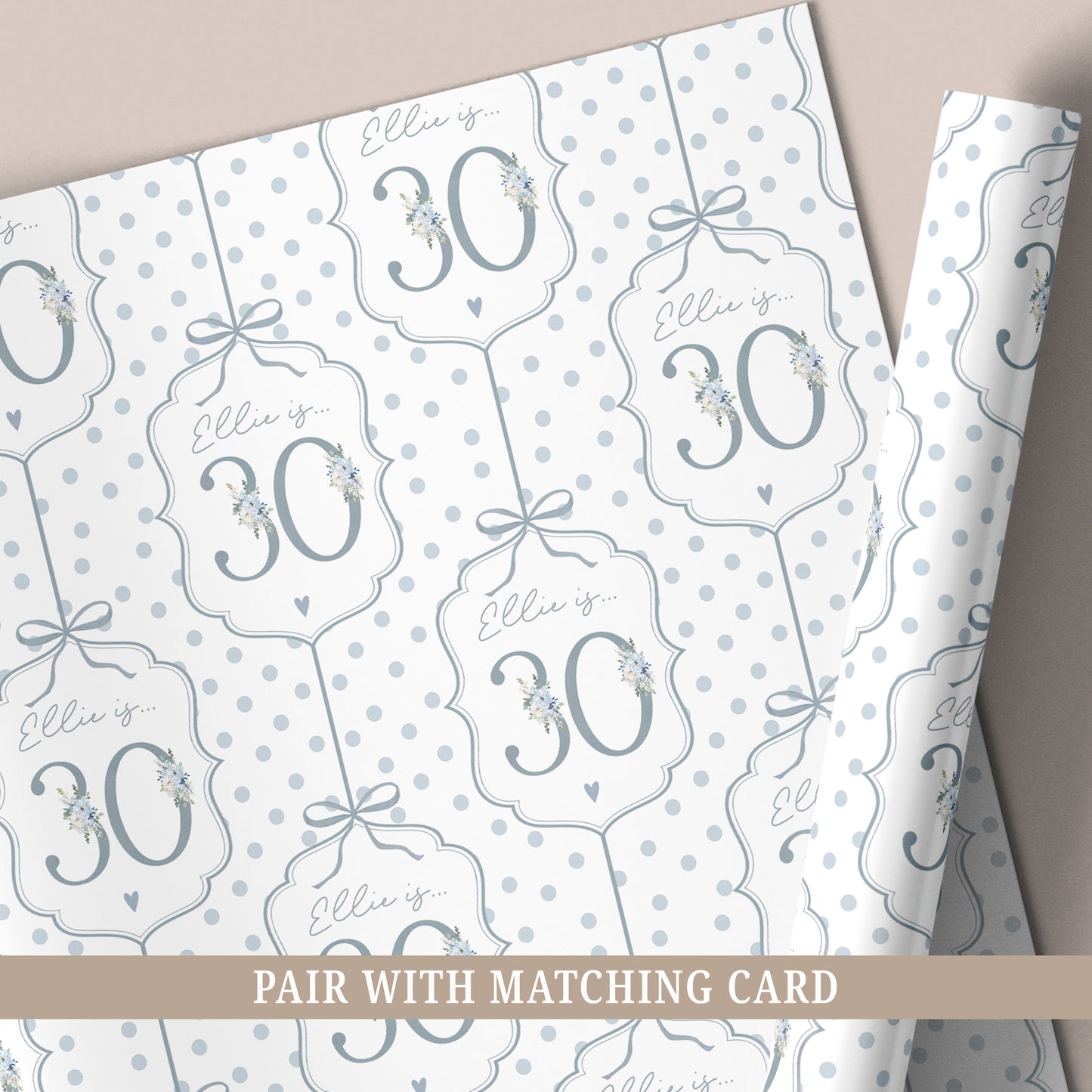 Personalised 30th birthday floral number wrapping paper with blue polka dot background and personalised name.