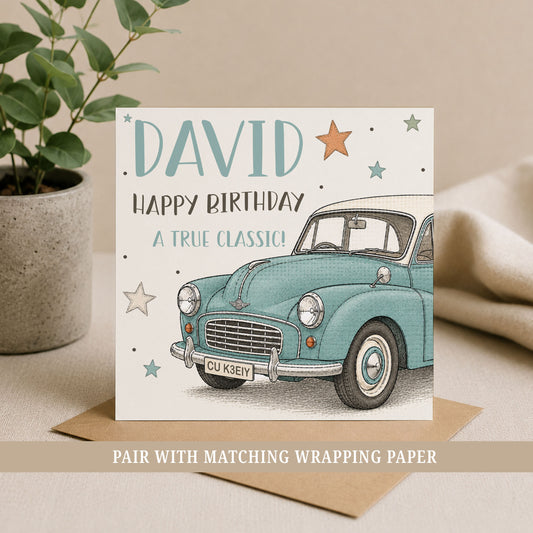 Personalised classic car birthday card with vintage blue car, custom name and personalised licence plate.