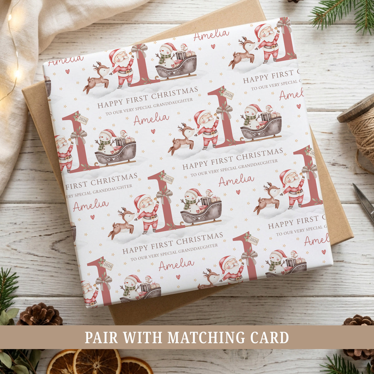 Personalised Baby's First Christmas wrapping paper for boys and girls, featuring a repeating festive design with a large number one, Santa Claus, a cute reindeer, snowman in a Christmas sleigh, presents and gold stars. This personalised 1st Christmas gift wrap can be customised with a child's name and relation, making it suitable for a Grandson, Granddaughter, Son, Daughter, Nephew, Niece, Godson or Goddaughter celebrating their very first Christmas.