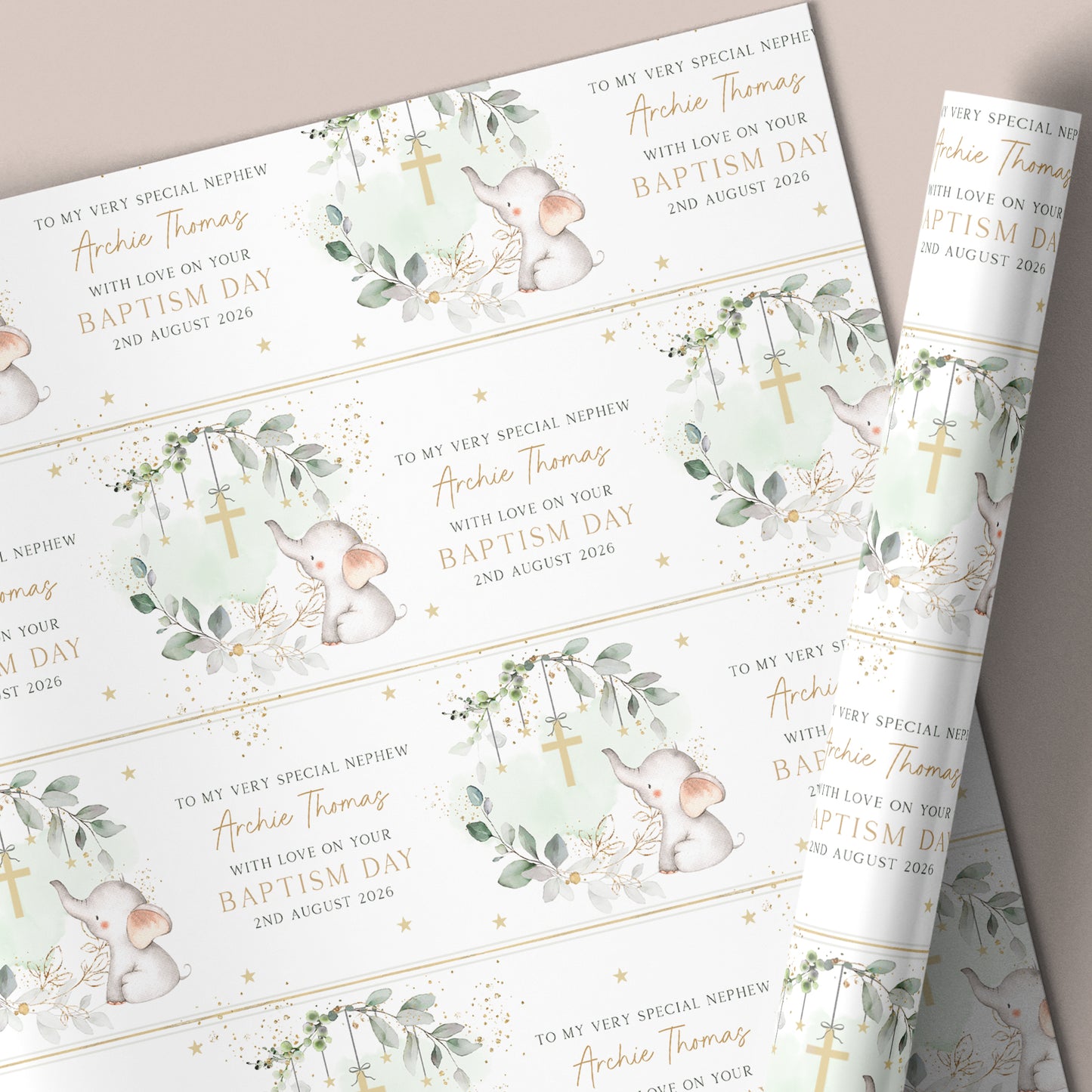 Personalised Green Eucalyptus Baby Boy's Christening Naming Day Wrapping Paper