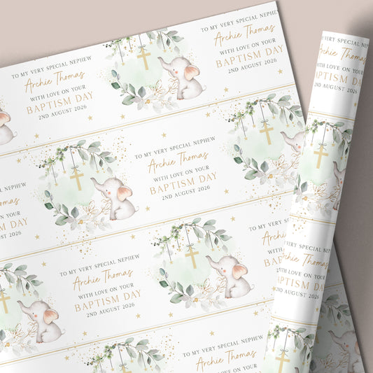Personalised Green Eucalyptus Baby Boy's Christening Naming Day Wrapping Paper
