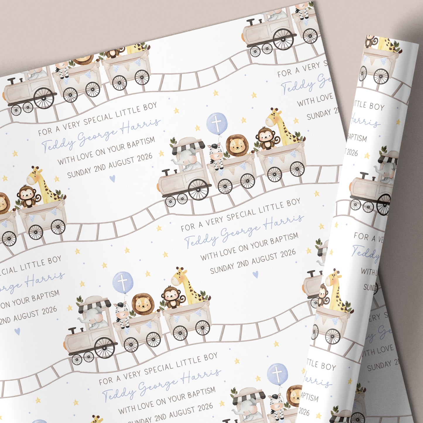 Personalised Son Christening, Baptism Card - Safari Train