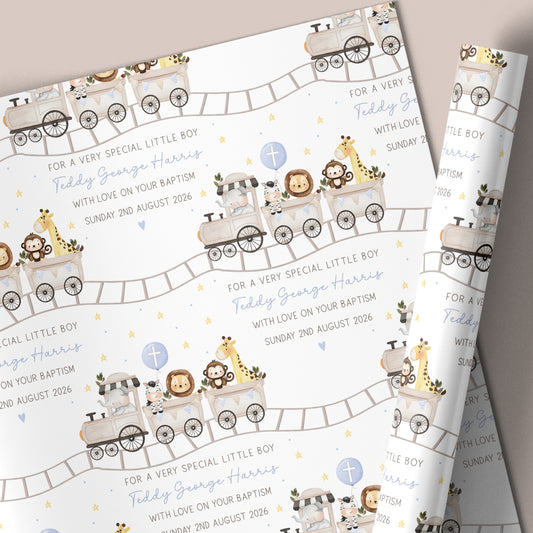 Personalised Boy's Blue Safari Train Christening Baptism Day Wrapping Paper