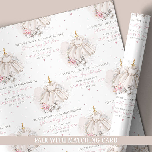 Personalised Girl's Christening, Baptism Dress Wrapping Paper