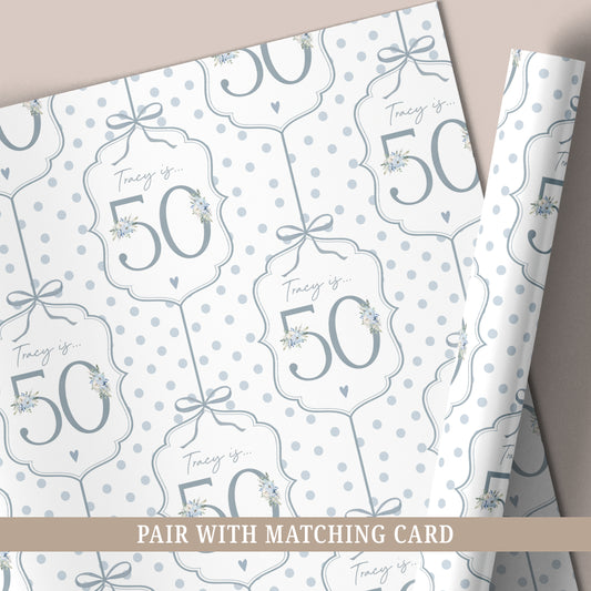 Personalised 50th Birthday Blue Floral Number Wrapping Paper