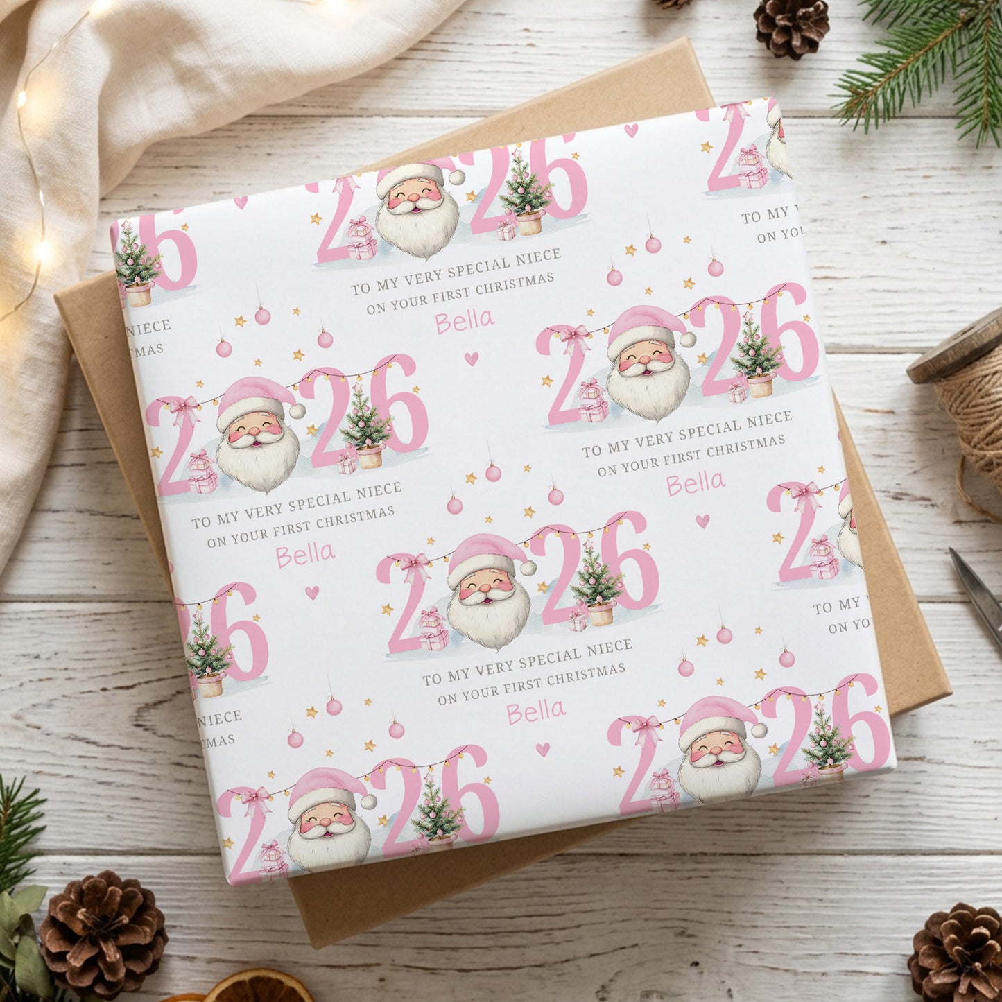 Personalised Girls First Christmas Wrapping Paper – Pink Santa 2026