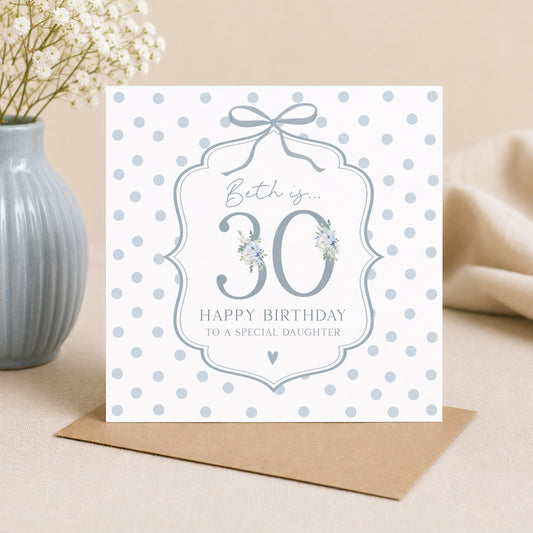 Personalised 30th Birthday Blue Floral Number Card
