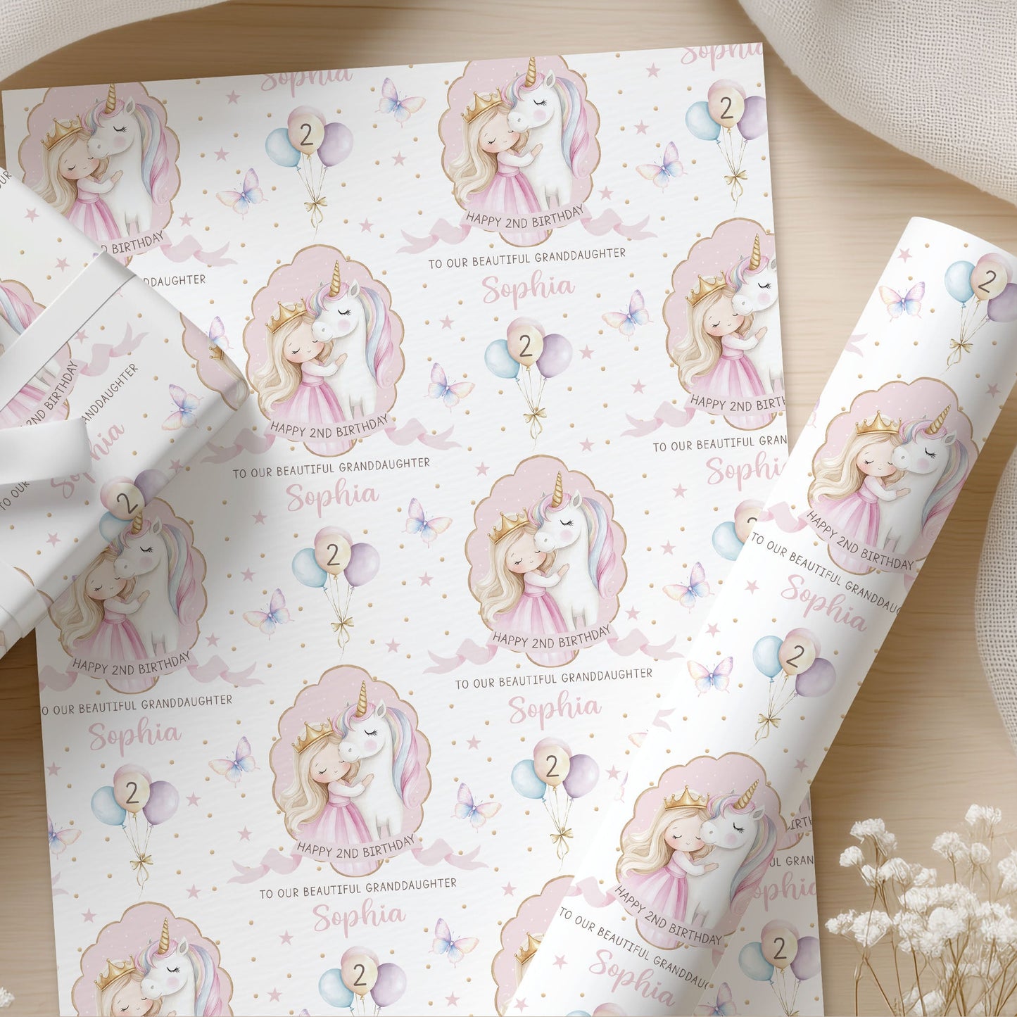 Personalised Girl's Pink Princess & Unicorn Birthday Card
