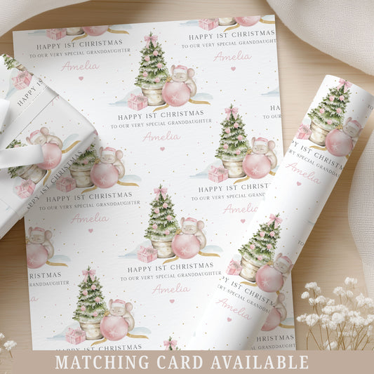 Personalised Girl's Pink First Christmas Mouse Gift Wrapping Paper