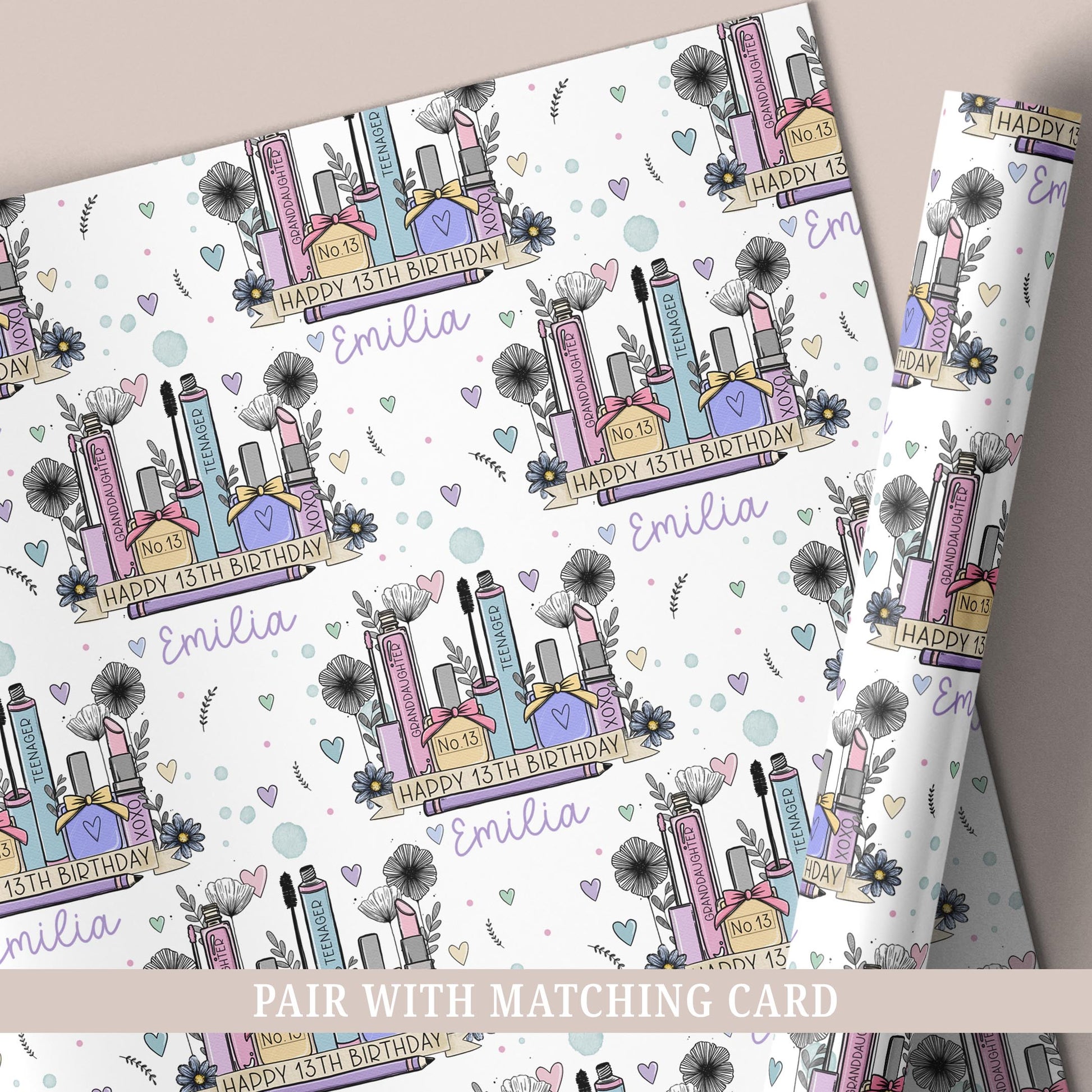Personalised 13th birthday makeup wrapping paper with illustrated cosmetics, flowers and name.