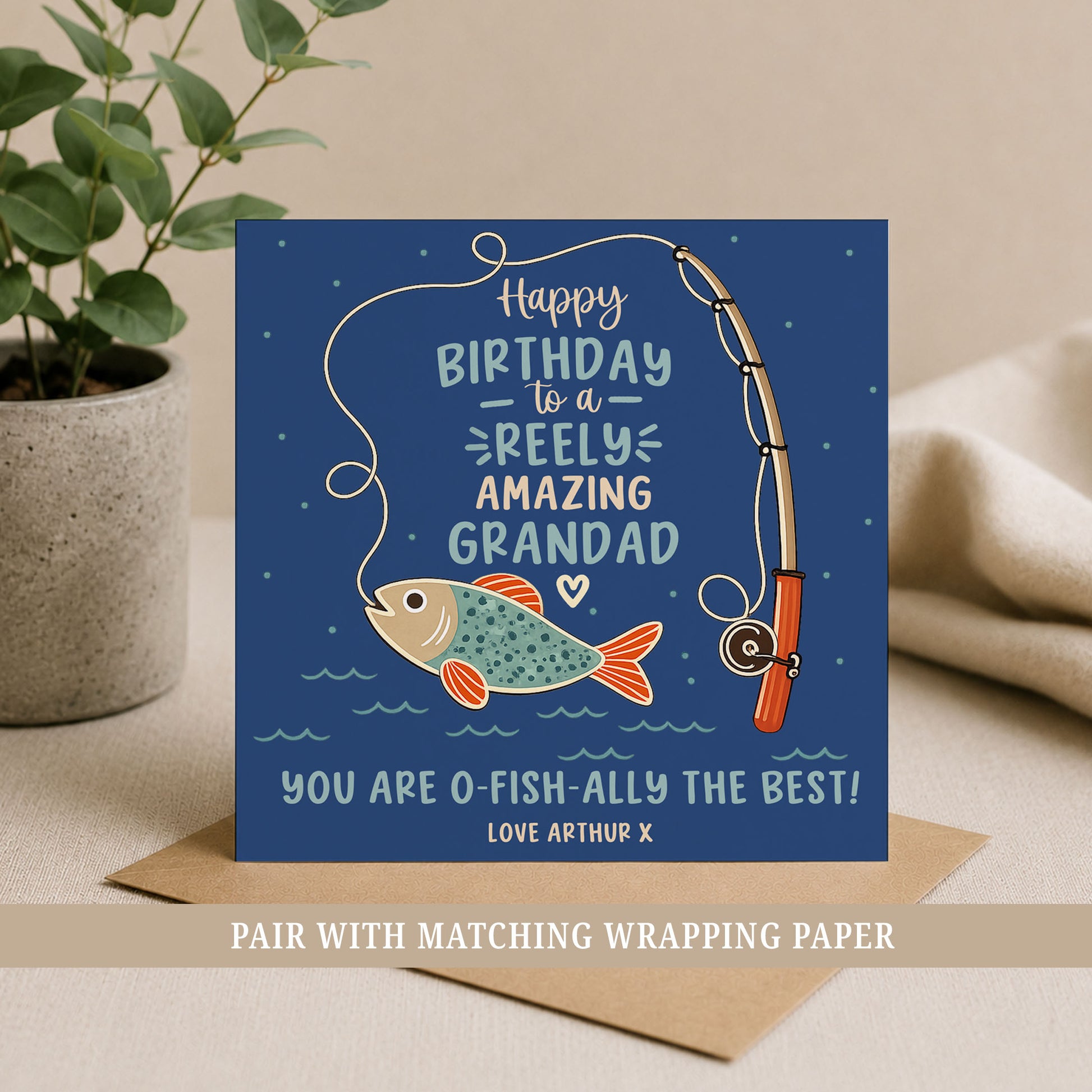 Personalised fishing birthday card with fishing rod, fish illustration and custom name.