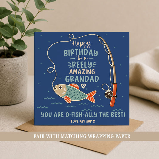 Personalised fishing birthday card with fishing rod, fish illustration and custom name.