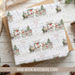 Personalised Christmas wrapping paper featuring Santa on a festive train with a reindeer, polar bear and penguin, with festive woodland scenery and name.