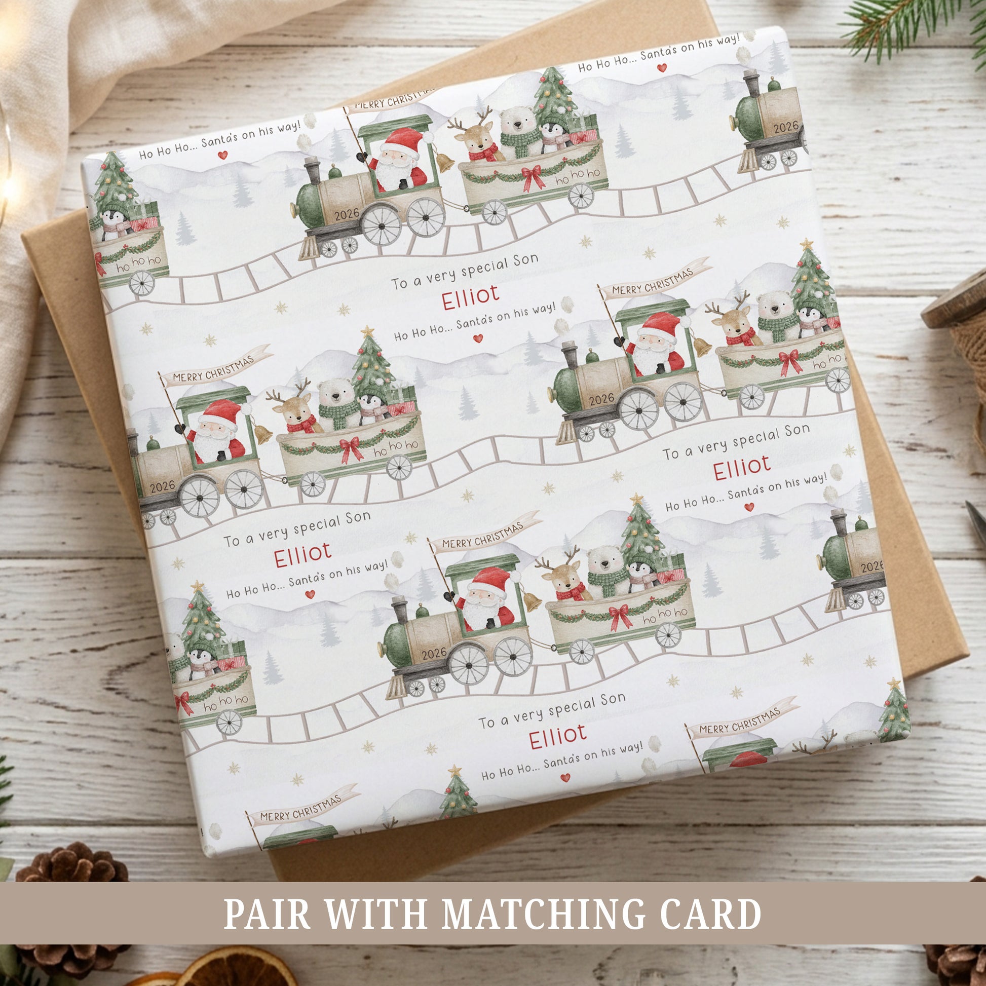 Personalised Christmas wrapping paper featuring Santa on a festive train with a reindeer, polar bear and penguin, with festive woodland scenery and name.