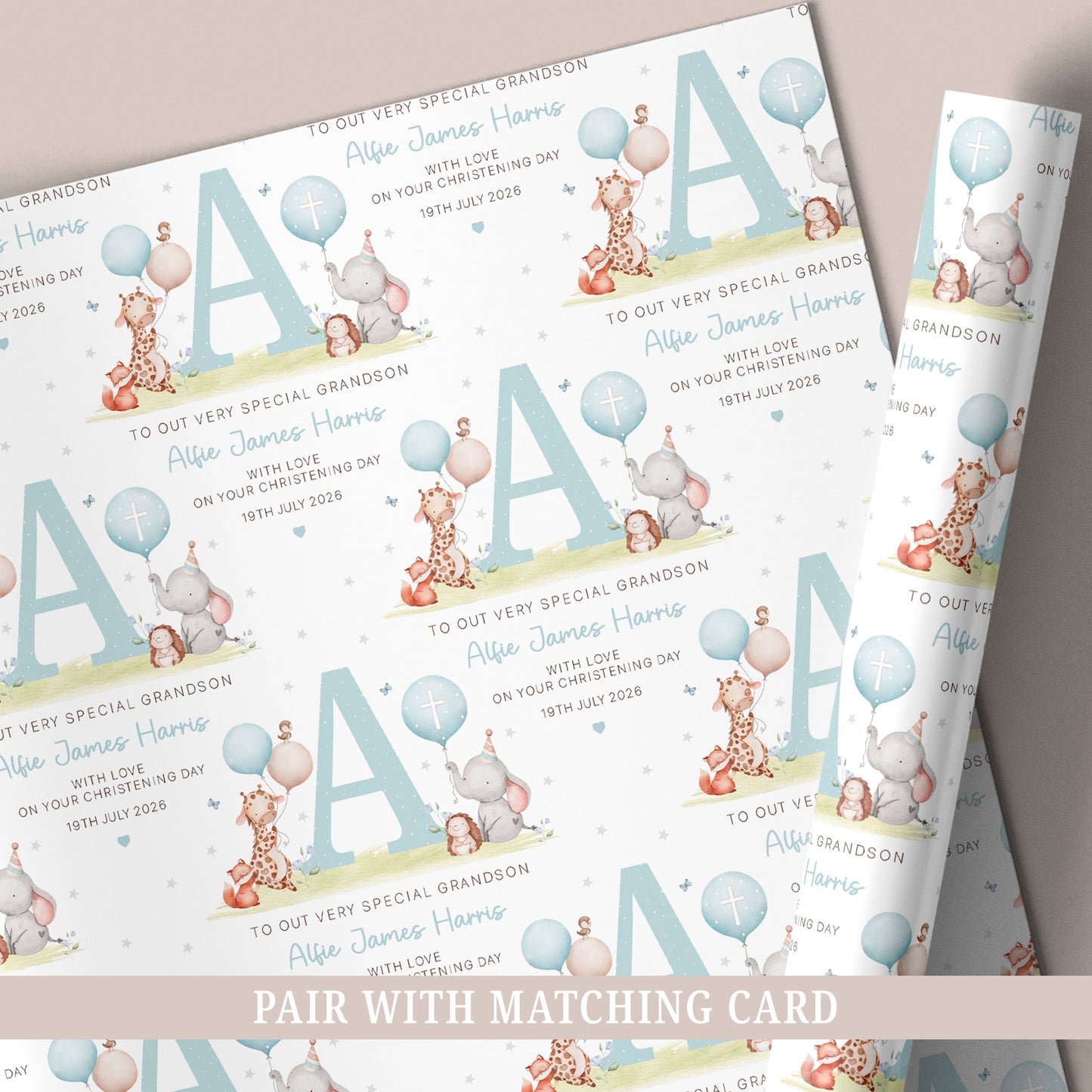Personalised Blue Baby Boy's Christening Naming Day Wrapping Paper