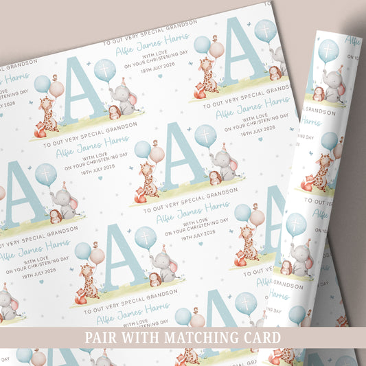 Personalised Blue Baby Boy's Christening Naming Day Wrapping Paper