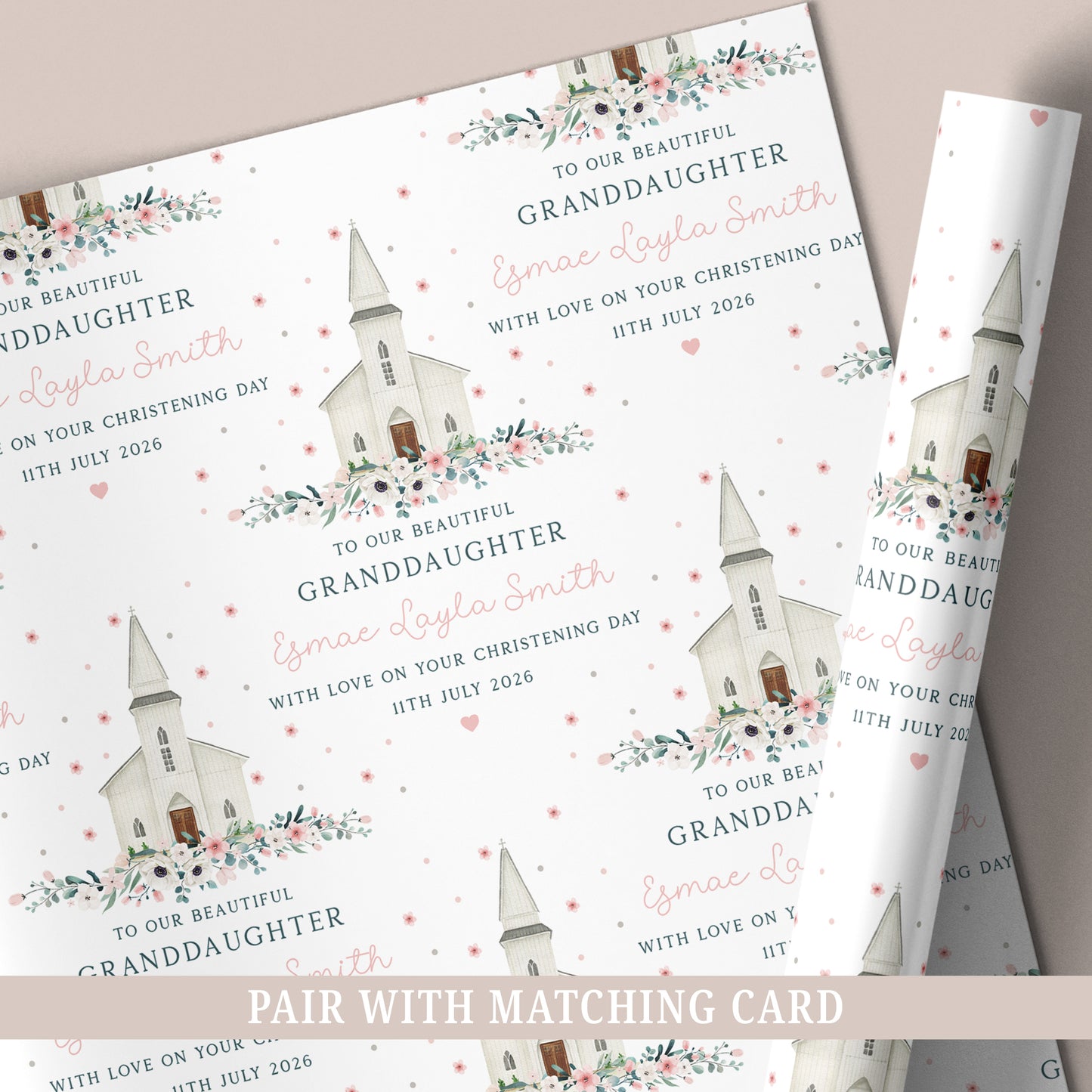 Personalised Girl's Christening, Baptism Wrapping Paper - Floral Church