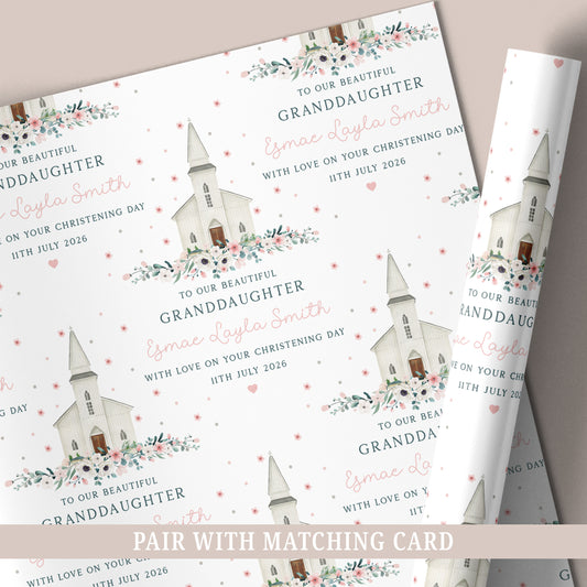Personalised Girl's Christening, Baptism Wrapping Paper - Floral Church