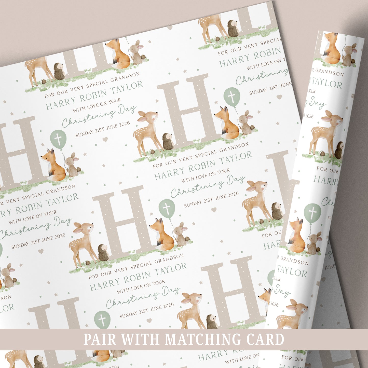 Personalised Boy's Woodland Christening Baptism Day Wrapping Paper
