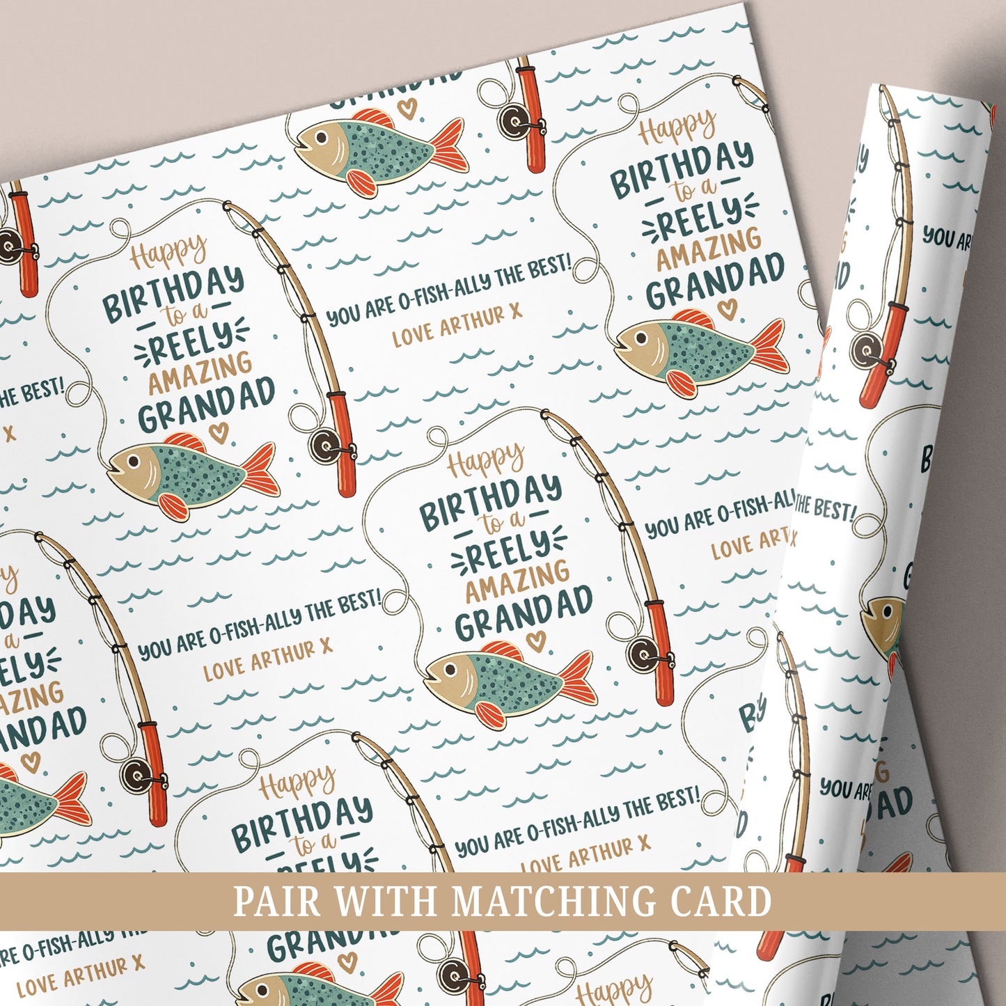 Personalised fishing birthday wrapping paper with fishing rod, fish illustration and custom name.