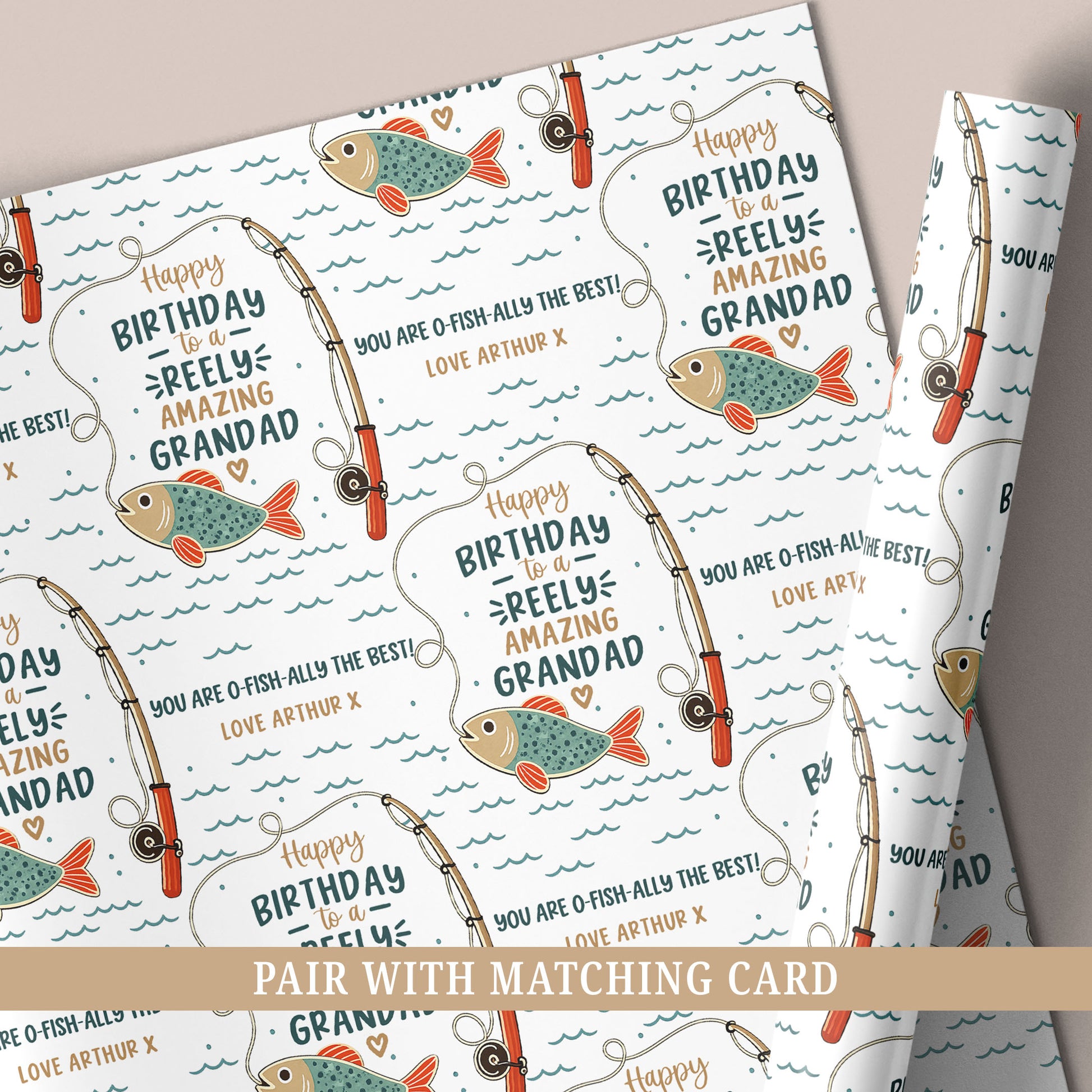 Personalised fishing birthday wrapping paper with fishing rod, fish illustration and custom name.