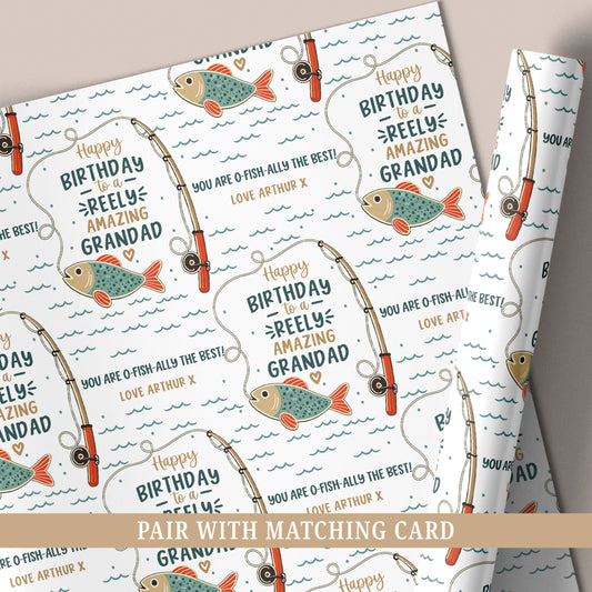 Personalised fishing birthday wrapping paper with fishing rod, fish illustration and custom name.