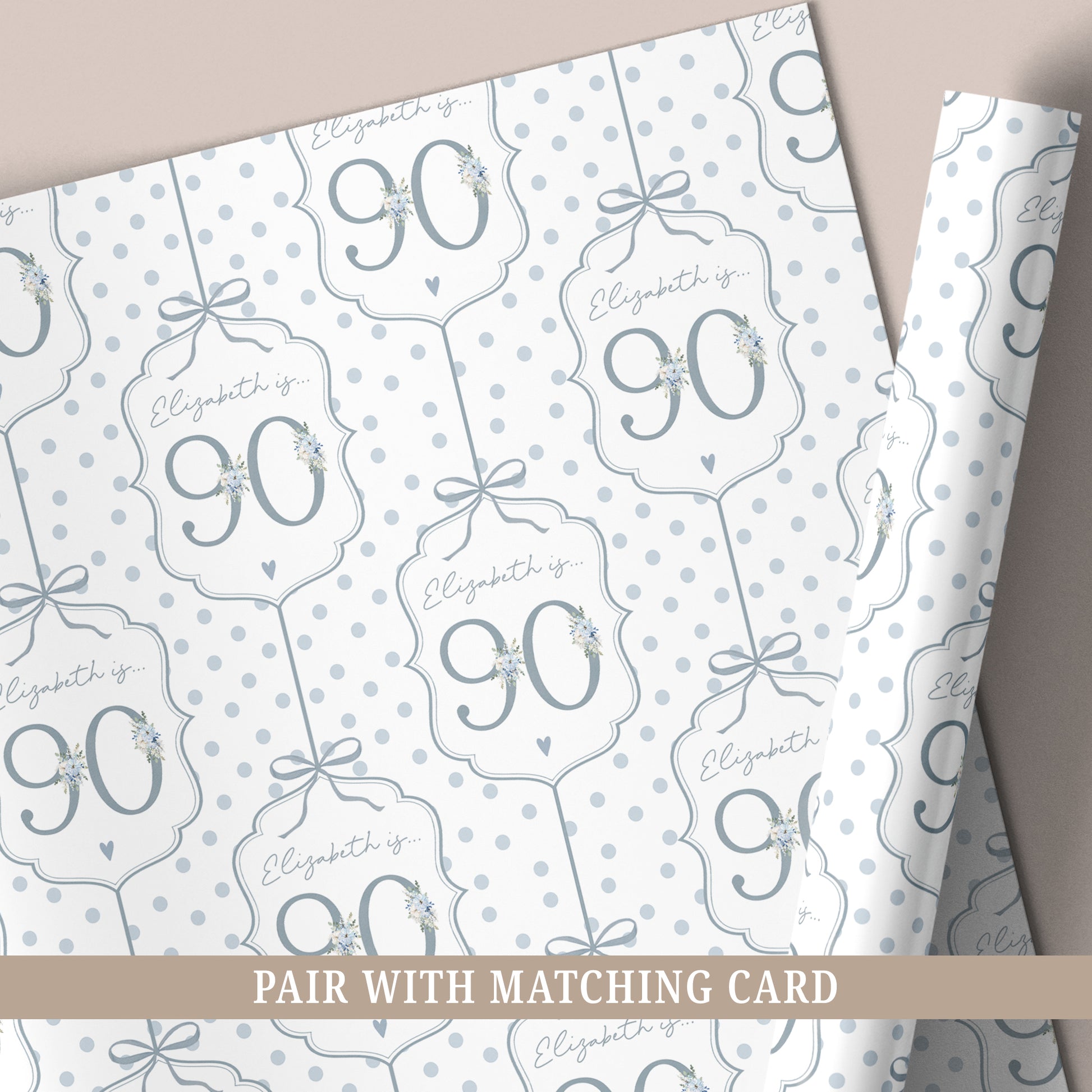 Personalised 90th birthday floral number wrapping paper with blue polka dot background and personalised name.