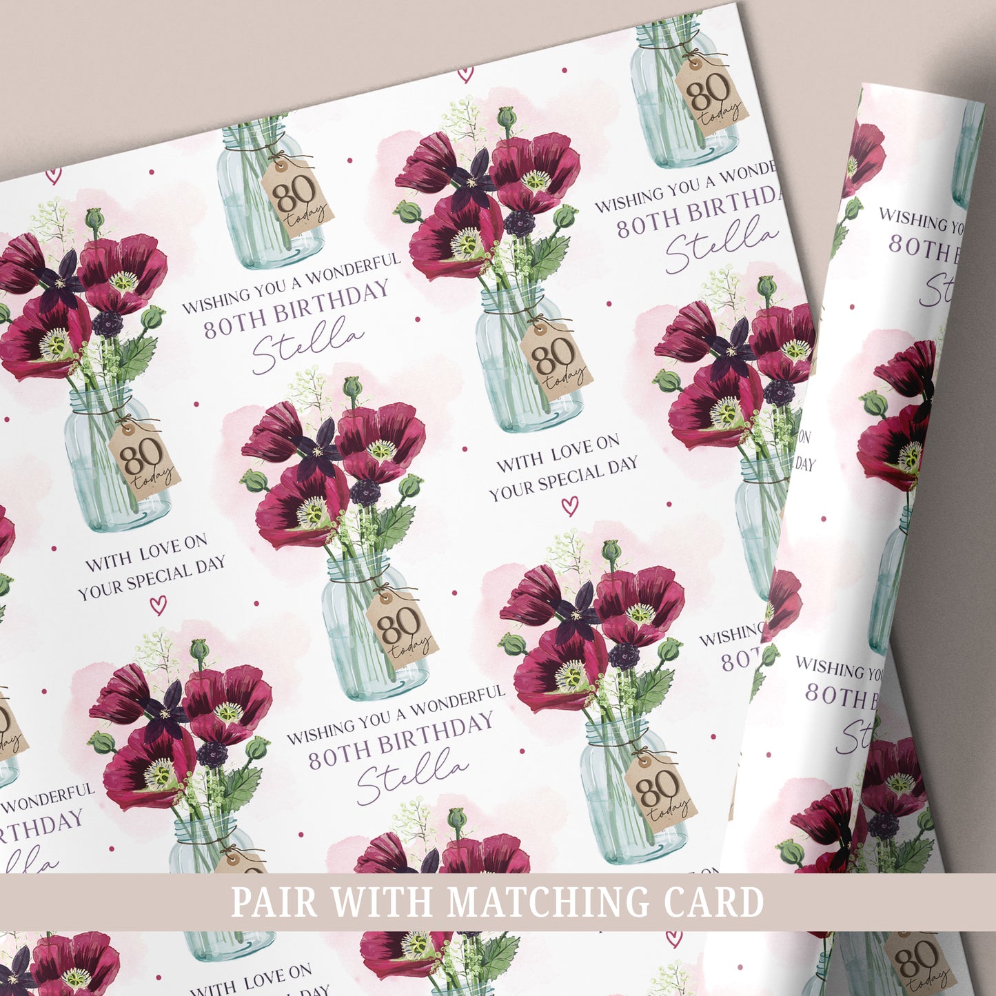 Personalised 80th birthday wrapping paper featuring a floral bouquet in a glass jar, customised with a name.