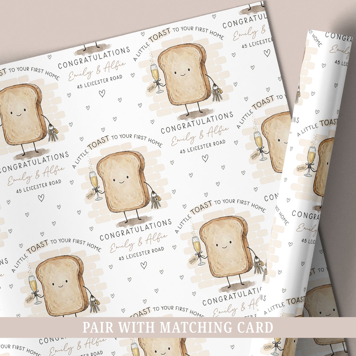 Personalised new home wrapping paper featuring a toast character holding house keys and a champagne glass