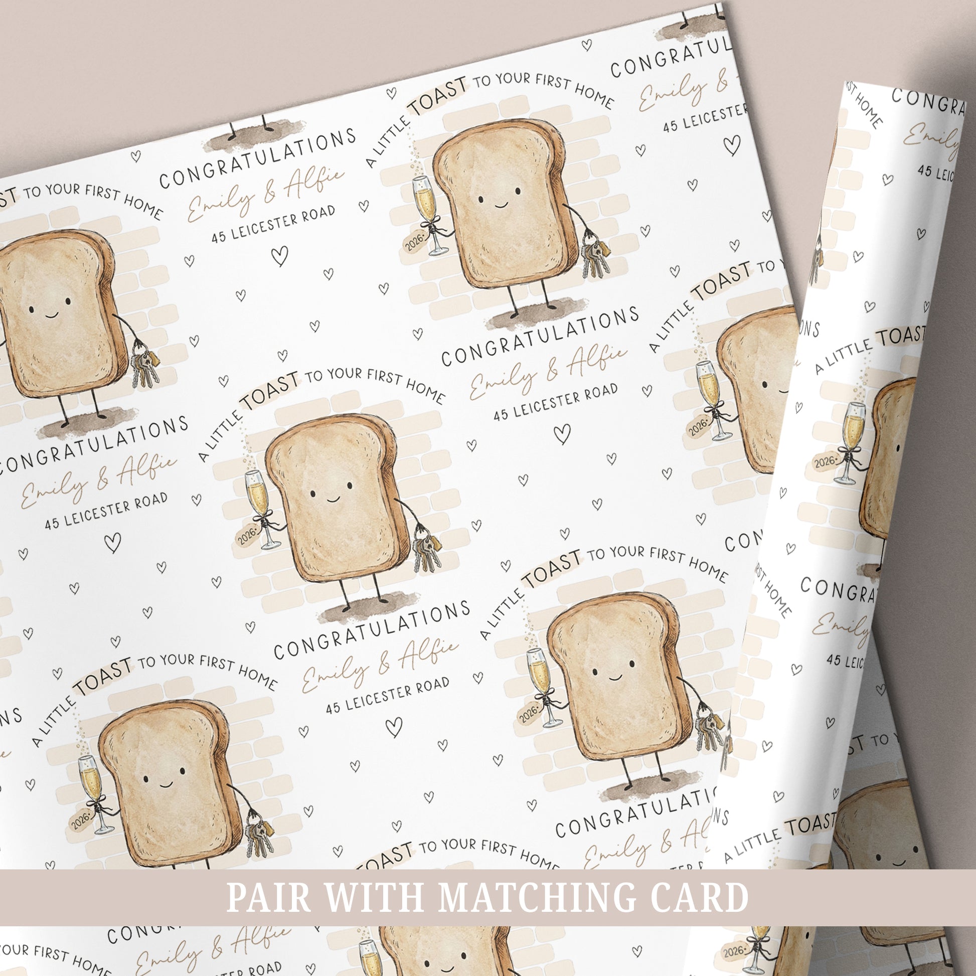 Personalised new home wrapping paper featuring a toast character holding house keys and a champagne glass