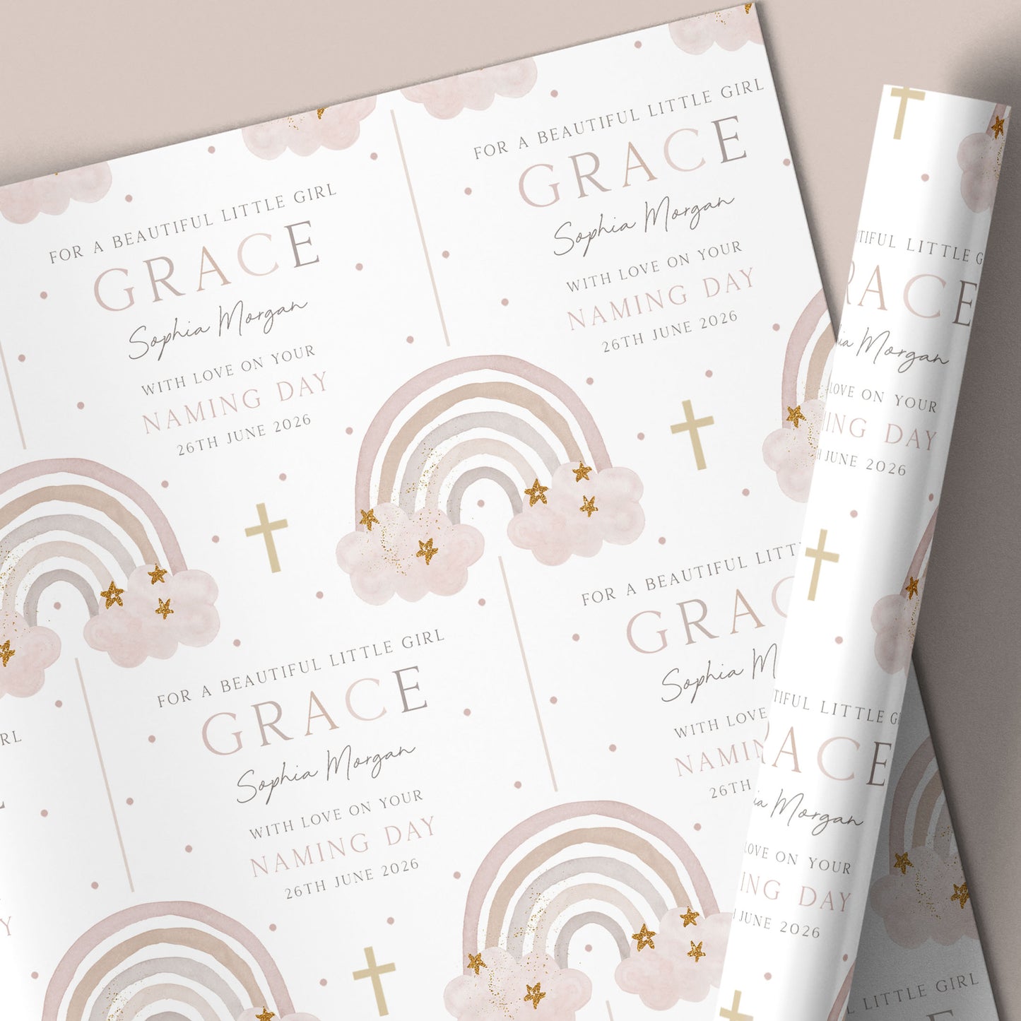 Personalised Girl's Christening, Baptism Wrapping Paper - Pink Rainbow