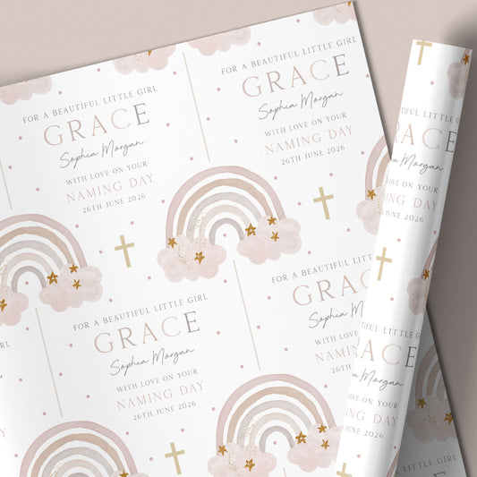 Personalised Girl's Christening, Baptism Wrapping Paper - Pink Rainbow