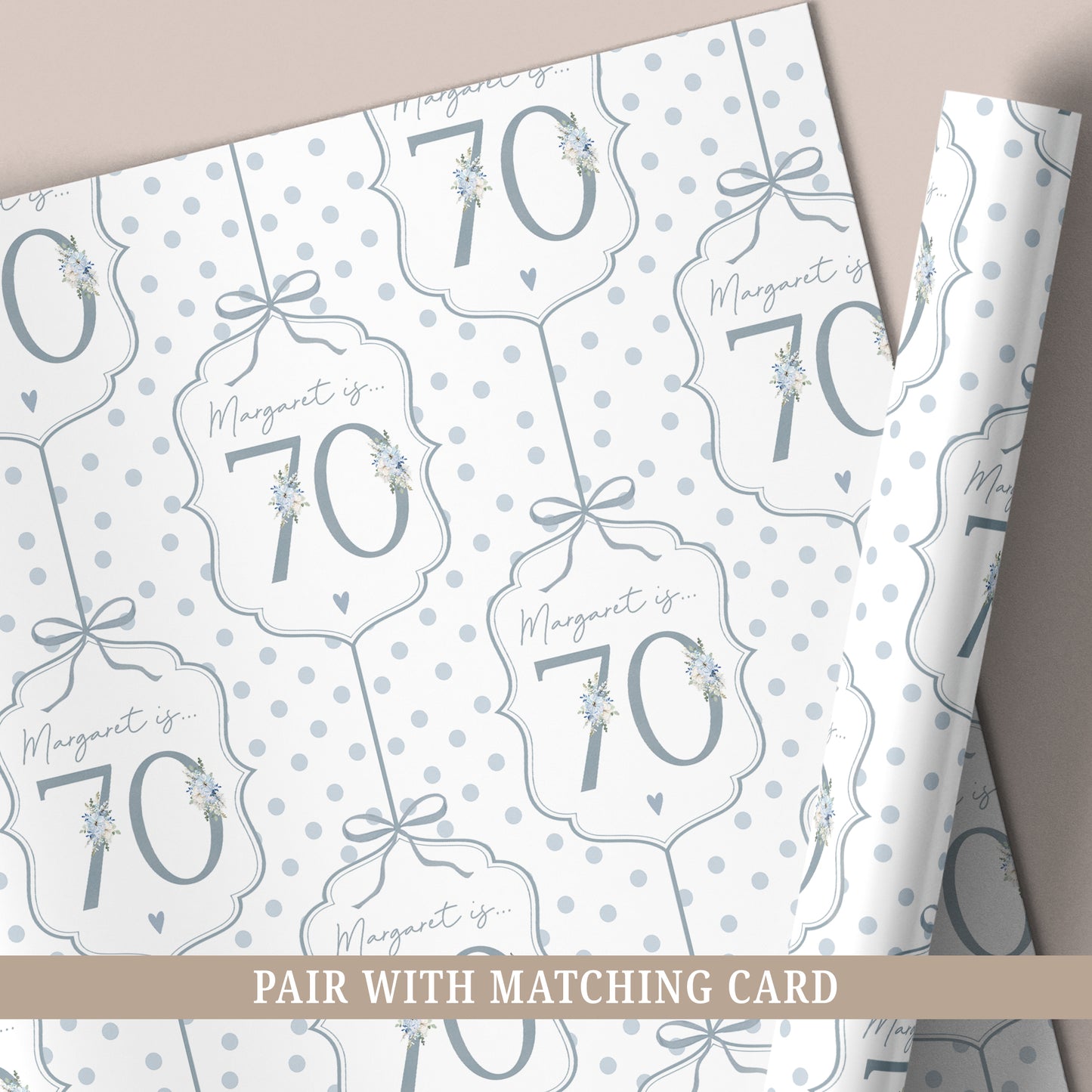 Personalised 70th birthday floral number wrapping paper with blue polka dot background and personalised name