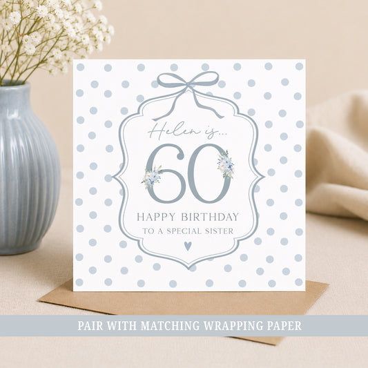 Personalised 60th birthday floral number card with blue polka dot background, name and optional relation.