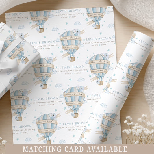 Personalised New Baby Boy's Hot Air Balloon Wrapping Paper