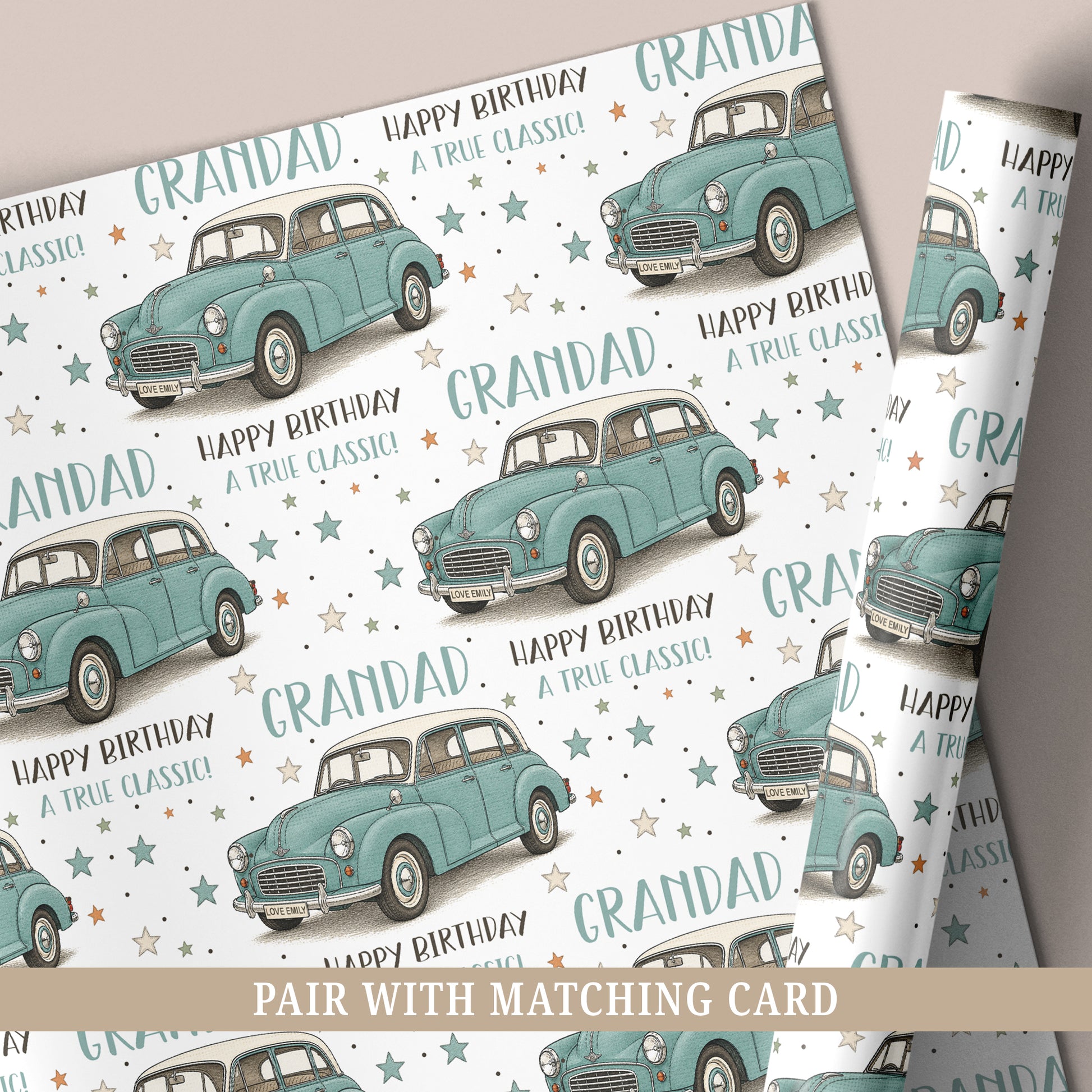 Personalised classic car birthday wrapping paper with vintage blue car, custom name and personalised licence plate.