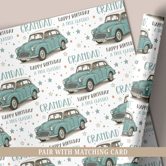 Personalised classic car birthday wrapping paper with vintage blue car, custom name and personalised licence plate.