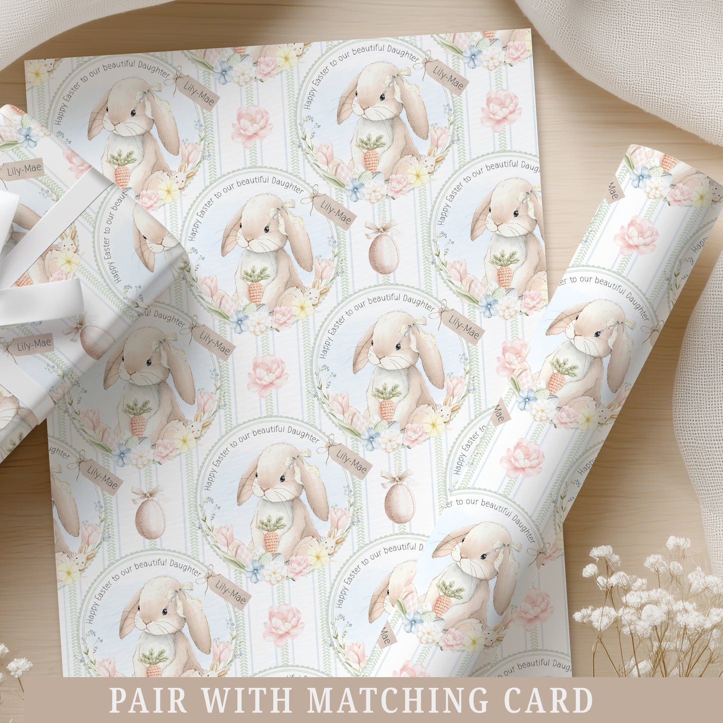 Personalised Girl's Easter Bunny Wreath Wrapping Paper