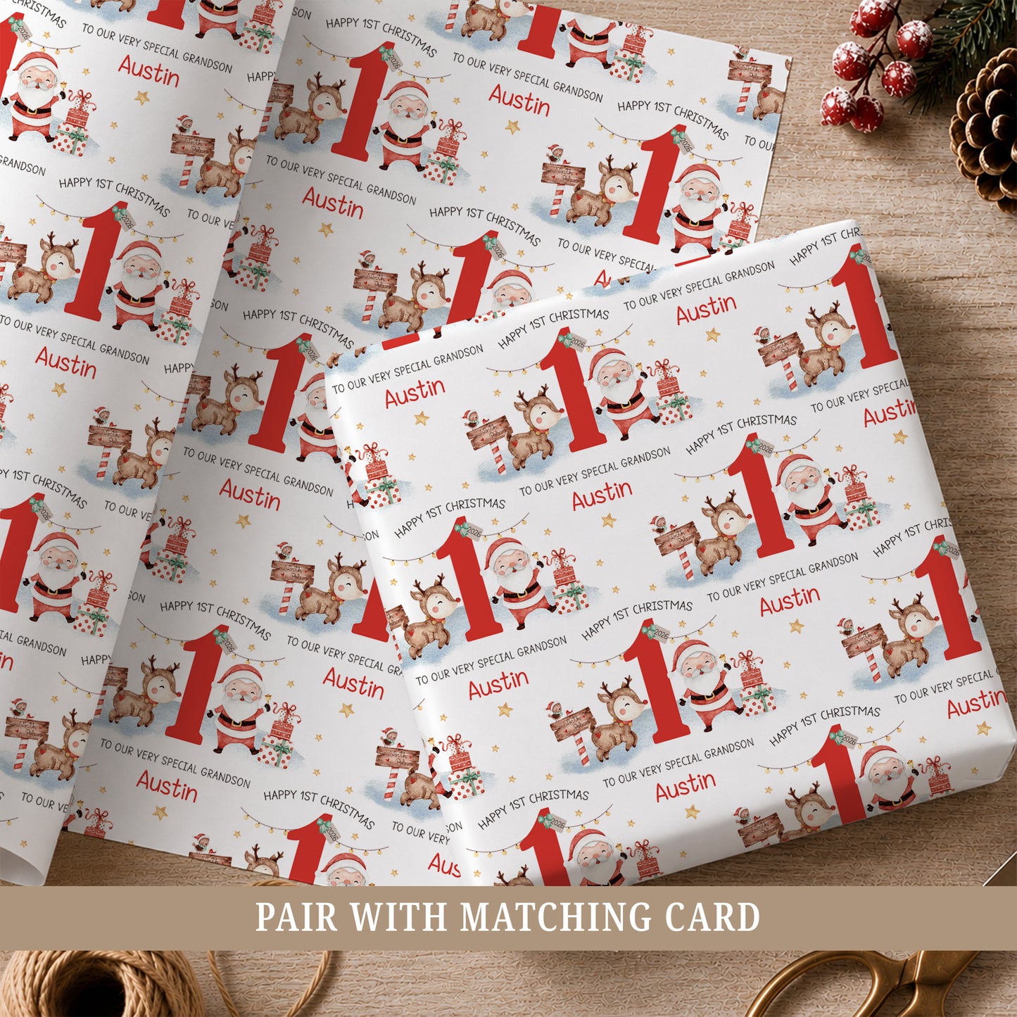 Personalised First Christmas wrapping paper for Grandson with Santa, reindeer and number one, customised with his name.