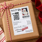 Personalised North Pole Santa delivery sticker measuring 4x6 inches, designed as a Christmas parcel label from Father Christmas. Features a Santa Claus postage stamp, North Pole Priority Mail wording, personalised child's name and address, Nice List Approved stamp, Santa's signature, barcode and interactive QR code to track Santa on Christmas Eve. Large glossy Christmas gift sticker shown on wrapped presents, ideal for creating a special delivery from Santa.