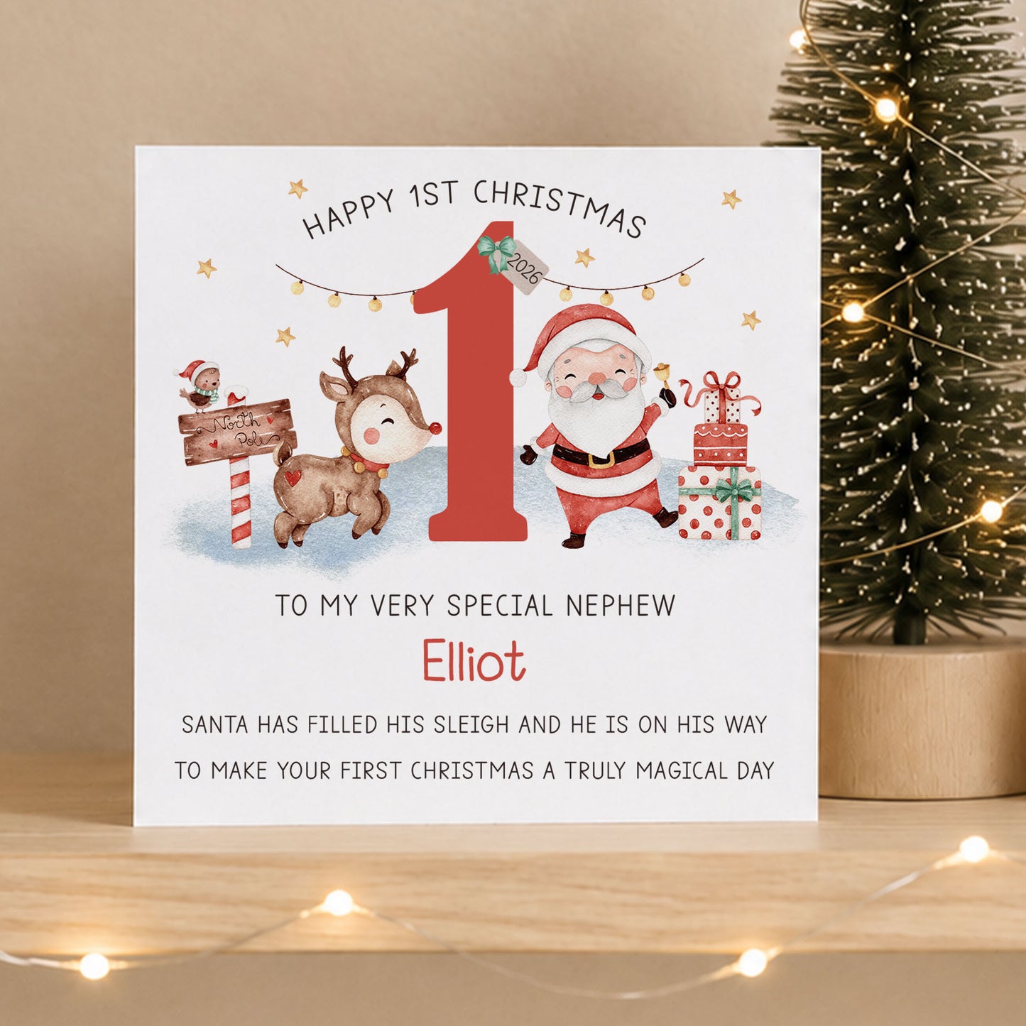Personalised Grandson First Christmas Card – Santa & Reindeer