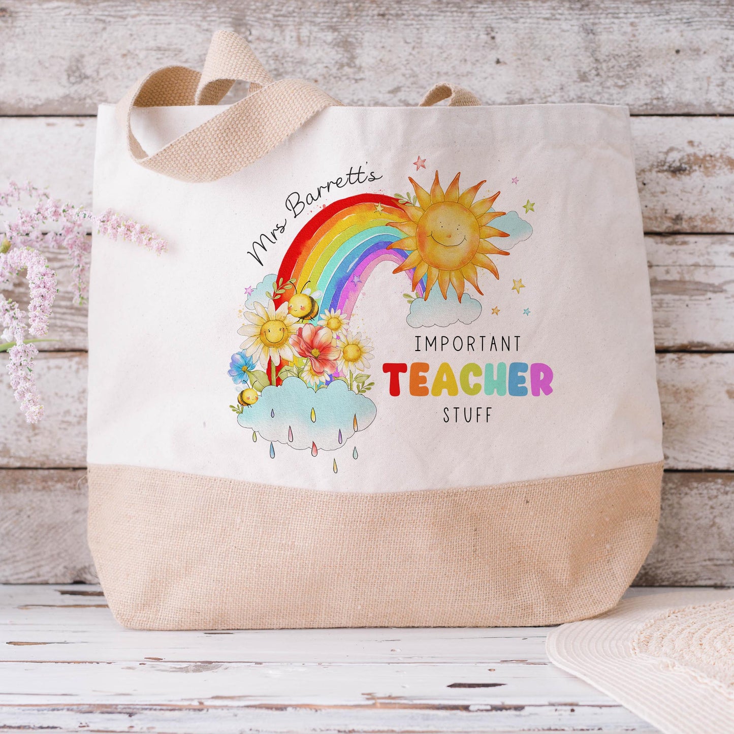 Personalised Teacher Rainbow Jute Tote Bag
