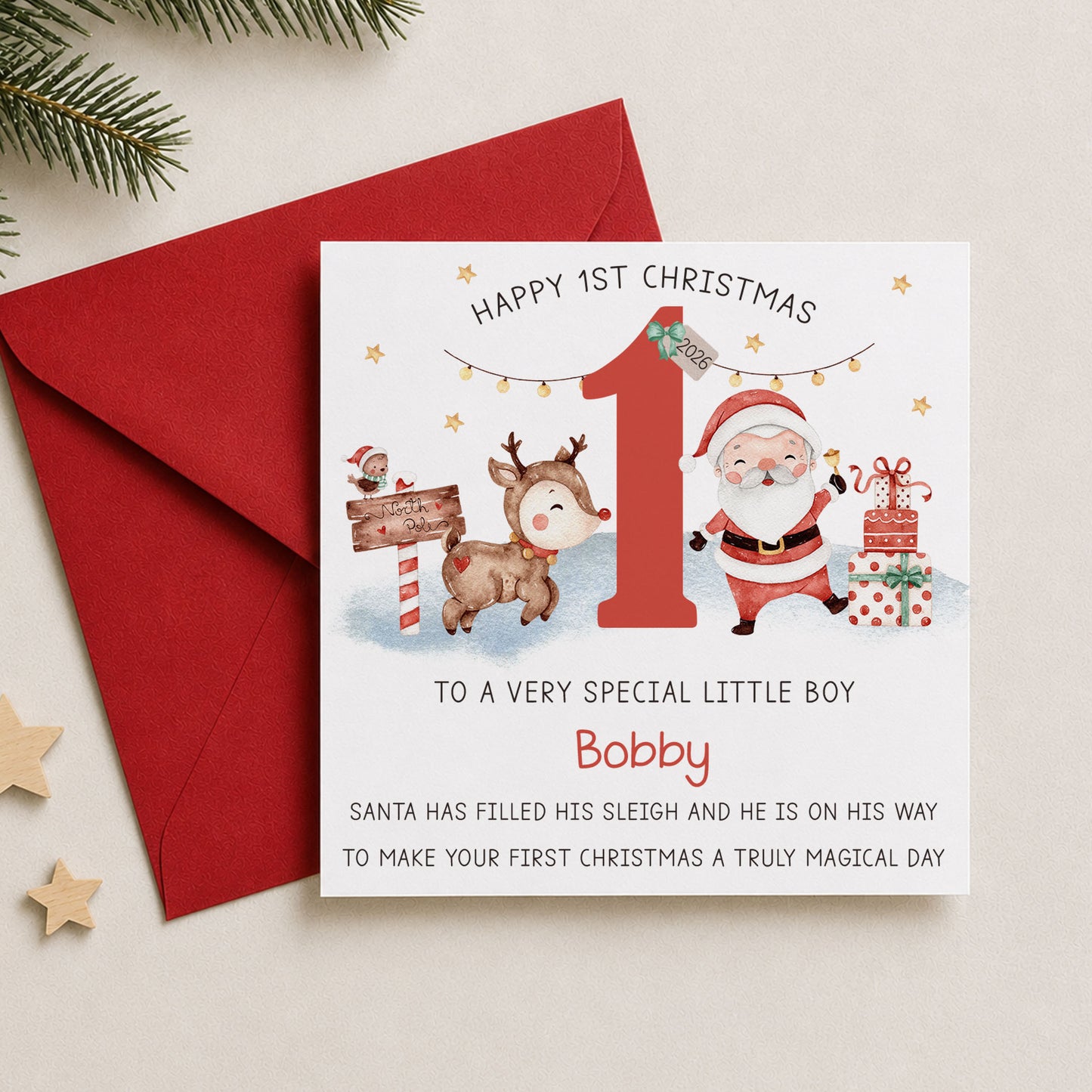 Personalised Grandson First Christmas Card – Santa & Reindeer