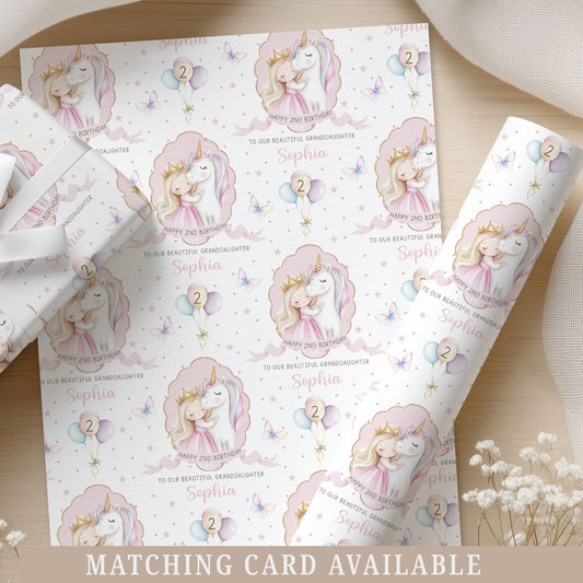 Personalised Girl's Pink Princess & Unicorn Birthday Wrapping Paper