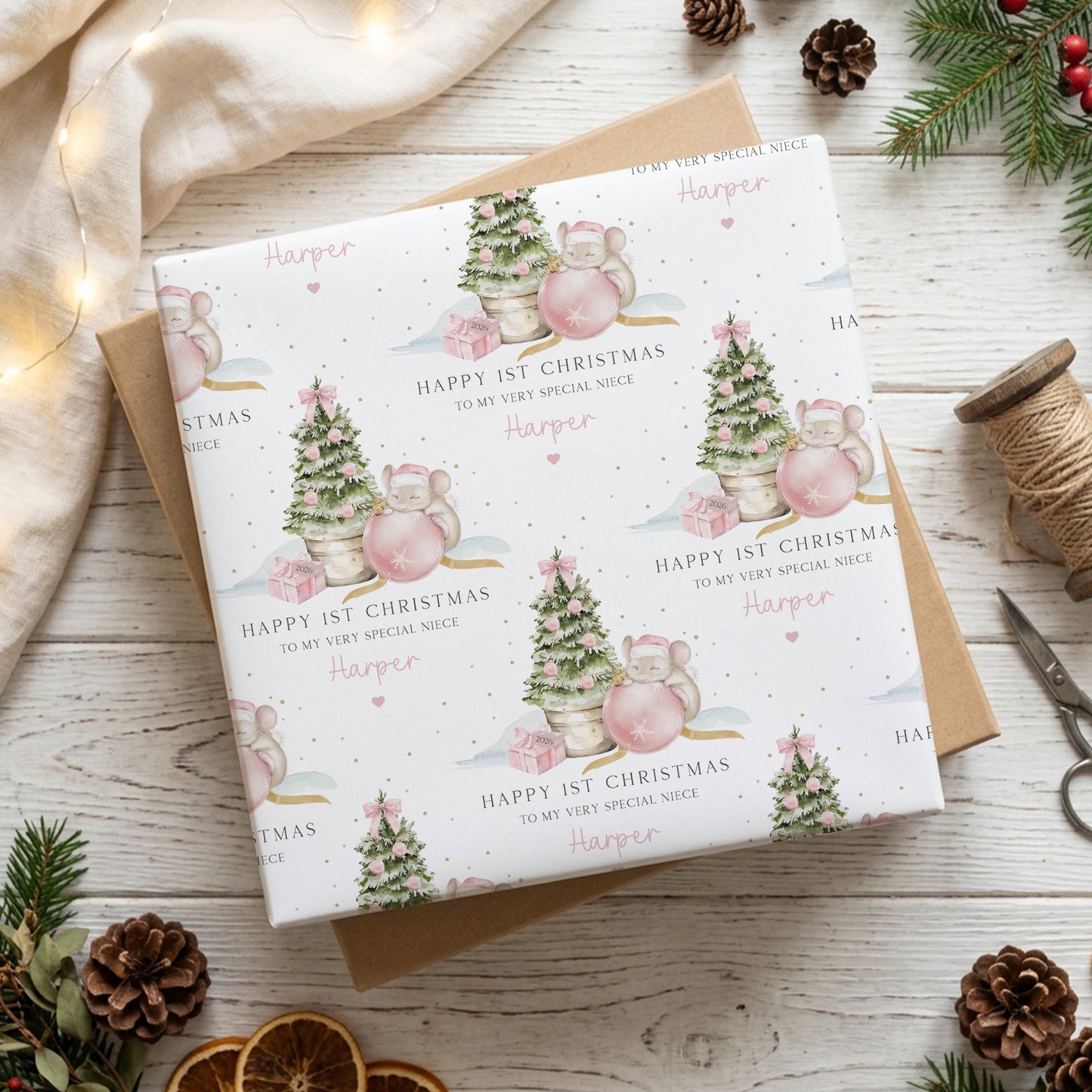 Personalised Niece First Christmas Card – Pink Christmas Mouse